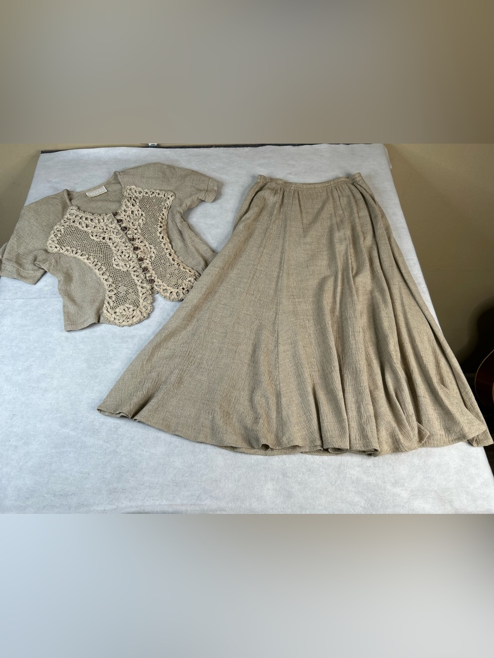 Vtg Spencer Alexis Vintage Top Skirt Set 14 Beige Embroidered BoHo USA